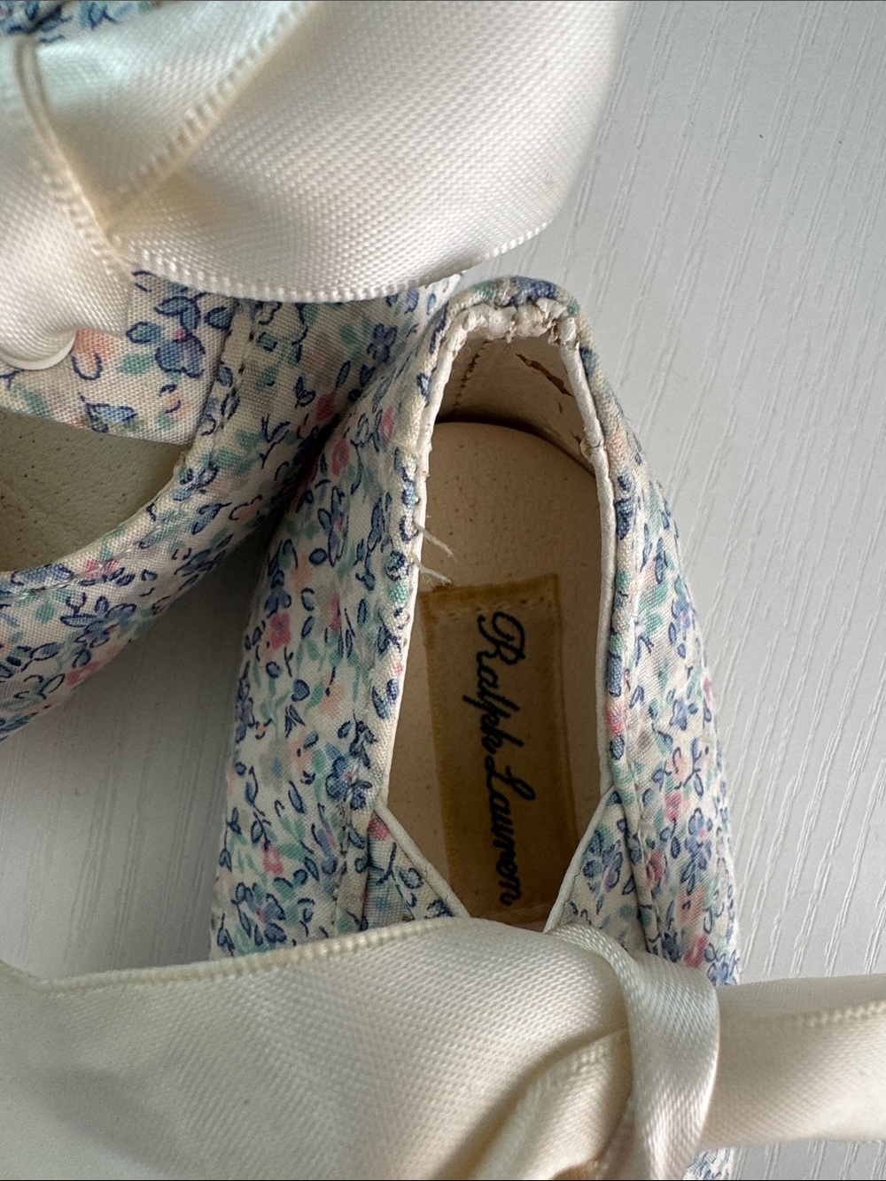 Ralph Lauren Floral Ribbon Baby Mary Janes in Cream and Pastel Blue/Pink - Picture 2 of 5